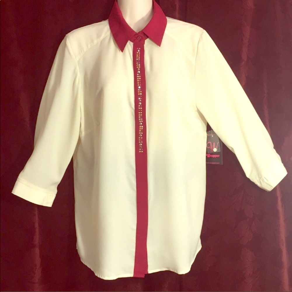 Wrapper Cream ruby festive red sheer long sleeve bling button top NEW w tags M